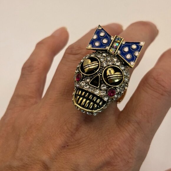 Betsey Johnson Jewelry - Betsey Johnson Ivy League gold enamel blue polka dot bow large cocktail ring